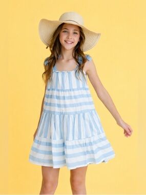 Girls tiered tie strap mini dress blue white striped sleeveless